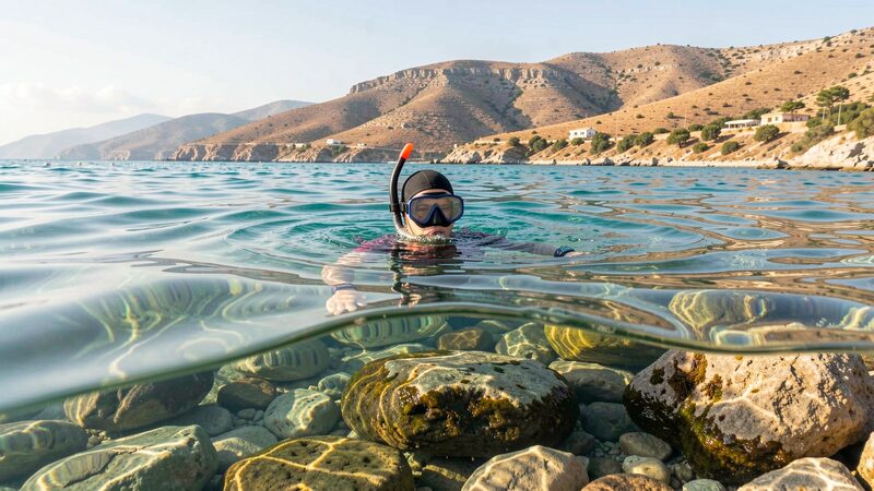 Interior de una furgoneta camper al atardecer junto a la costa, con un traje de neopreno colgado del reves en el exterior, una nevera portatil abierta sobre la mesa y dos botellas de buceo de pie apoyadas en la puerta lateral, luz calida rasante